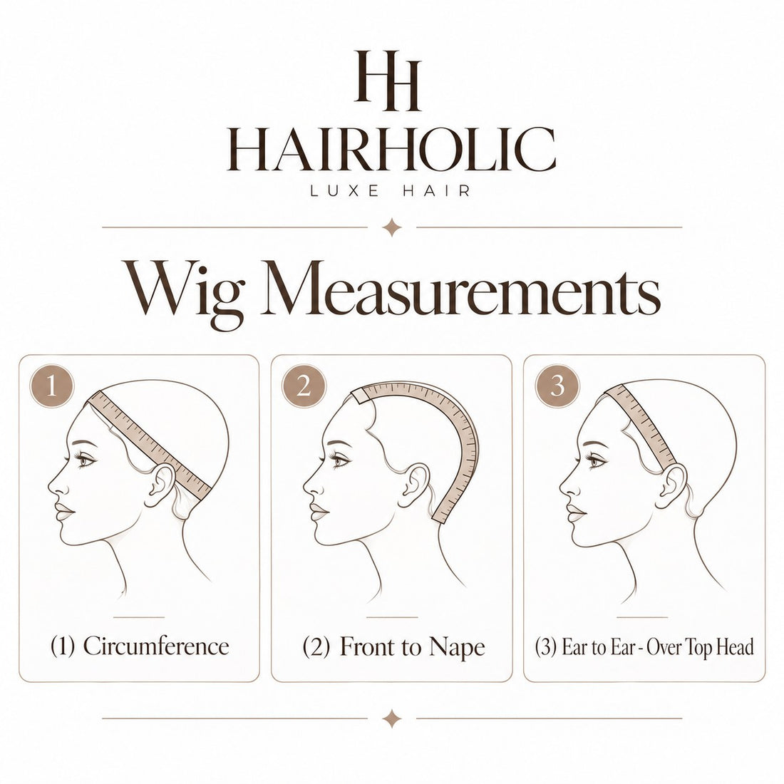 Wig measurements: circumference, front to nape, ear to ear over top of head