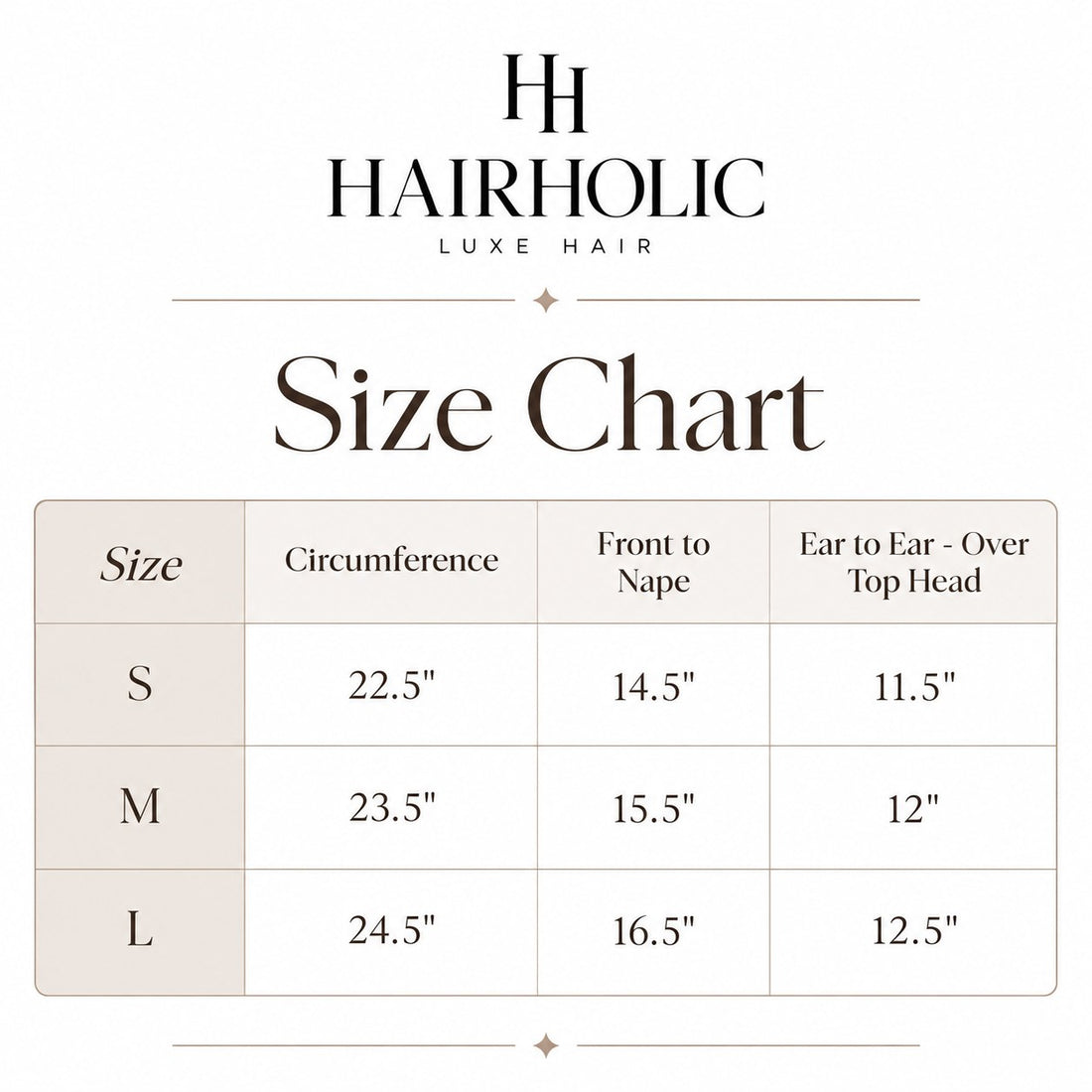 Hairholic wig size chart for S, M and L
