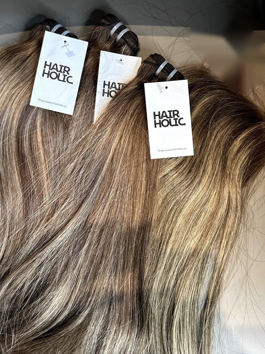 Vietnamese raw pre-colored hair bundles in Toasted Blonde with Hairholic tags